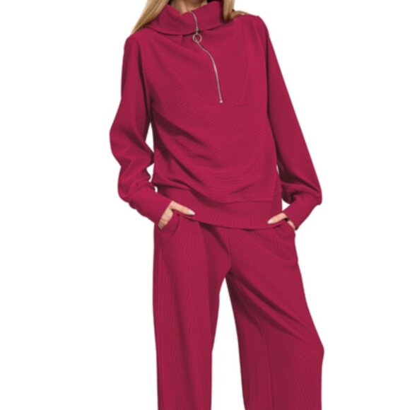 Sweaters - 126.Ribbed High Neck Half Zip Pullover & Pants Set